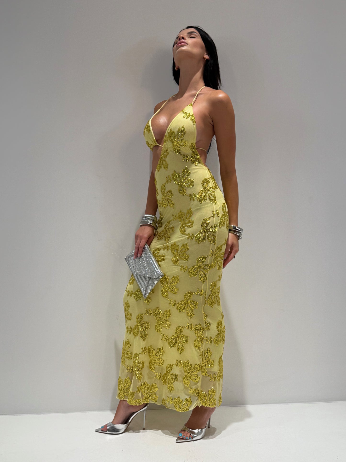 ABITO LUNGO FORTE PAILLETTES giallo|Colore:Giallo