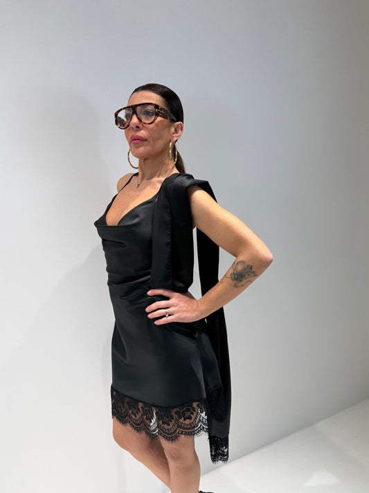 Abito Nero Donna Voi - Raso con Cintura e Pizzo | ALLISIT