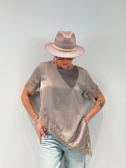 T-Shirt Raso Fango con Pizzo Linger - Elegante Donna | ALLISIT