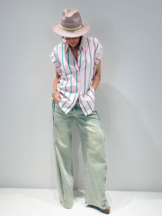 Camicia Donna Rosa a Righe con Strass e Perle - Capri | ALLISIT