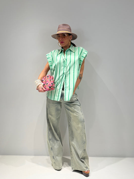 Camicia Donna Verde a Righe con Strass e Perle - Capri | ALLISIT