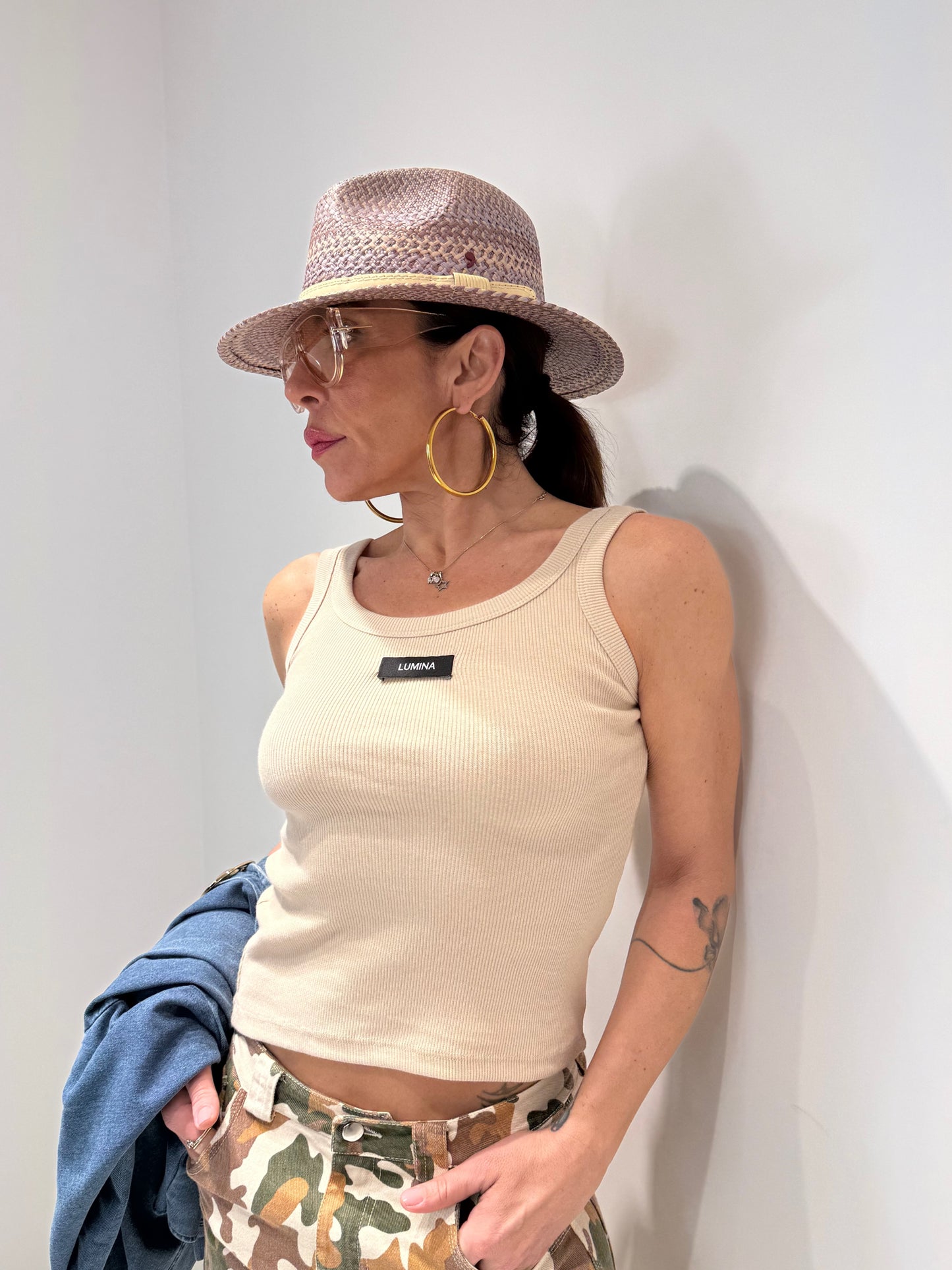 Canotta Donna Beige a Costine Spalla Stretta - Nilly by Lumina