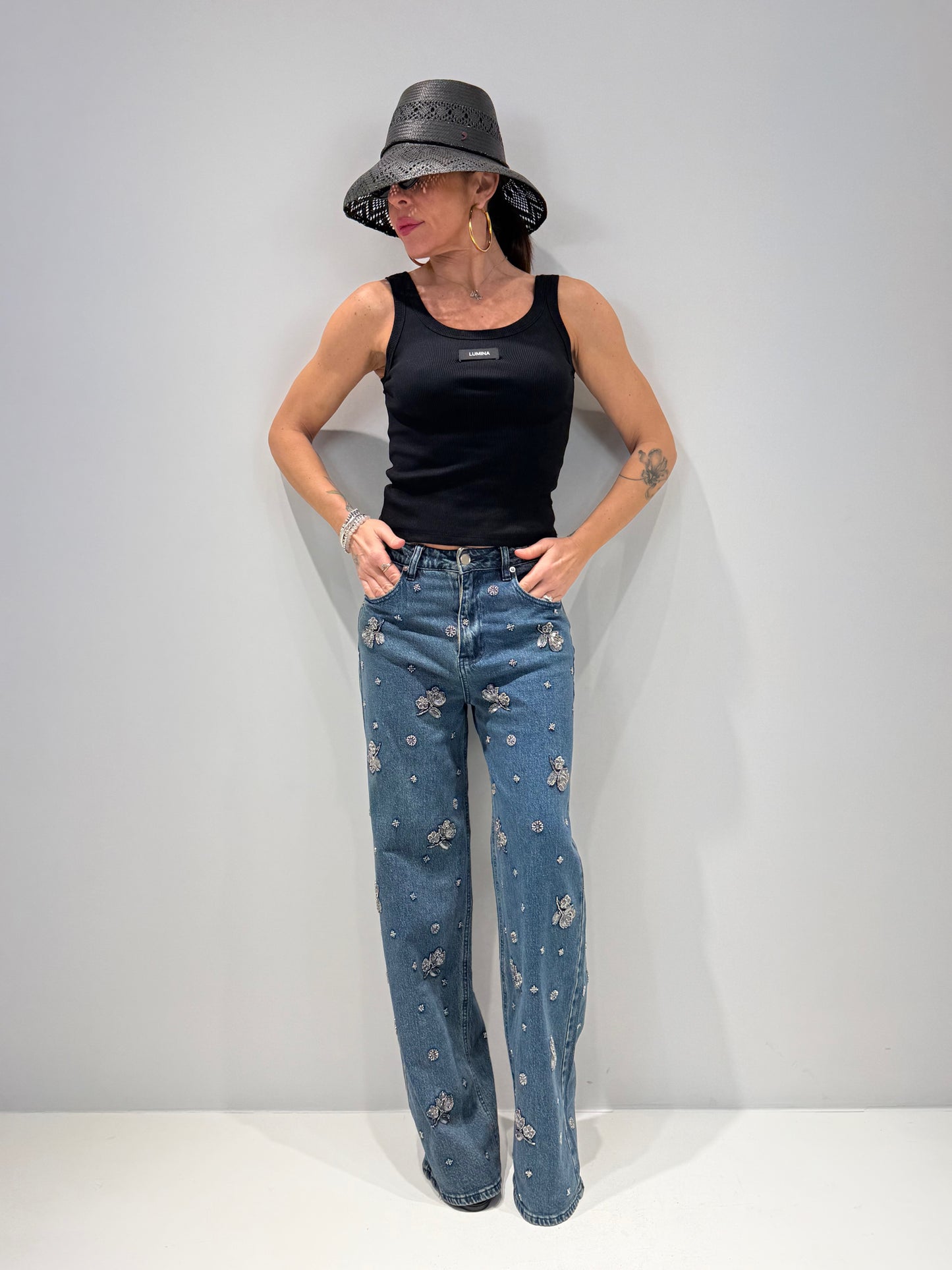 Jeans Donna Palazzo Lavaggio Medio con Decori Cuciti - Diamond | ALLISIT