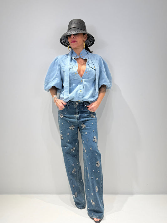 Jeans Donna Palazzo Lavaggio Medio con Decori Cuciti - Diamond | ALLISIT