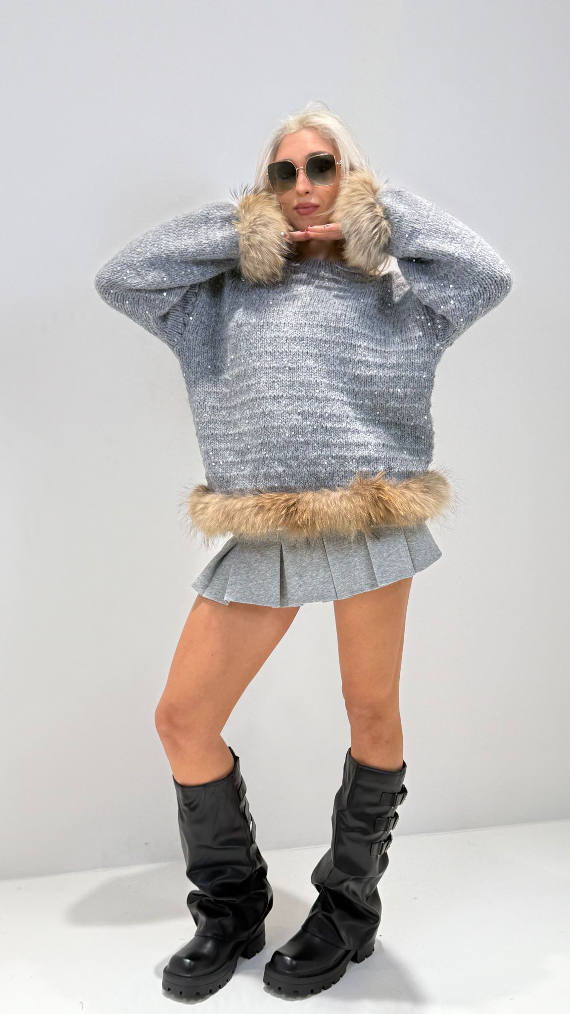 PULLOVER CON PELLICCIA GRIGIO