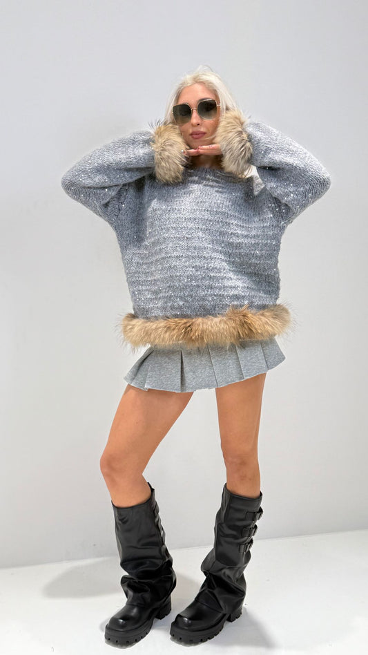 PULLOVER CON PELLICCIA GRIGIO