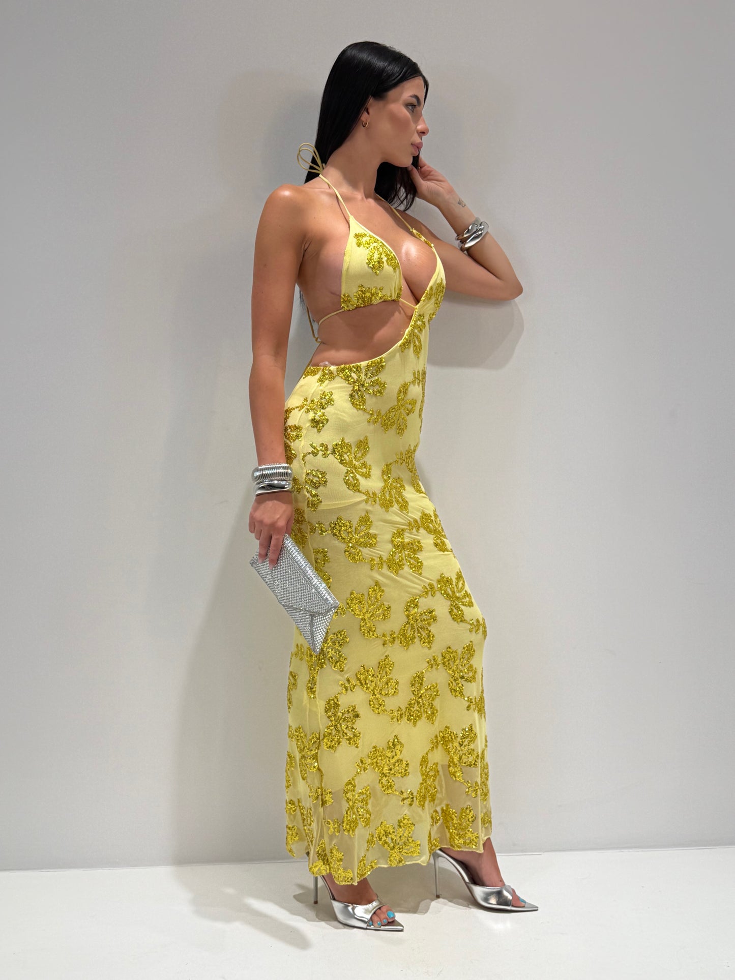 ABITO LUNGO FORTE PAILLETTES giallo|Colore:Giallo