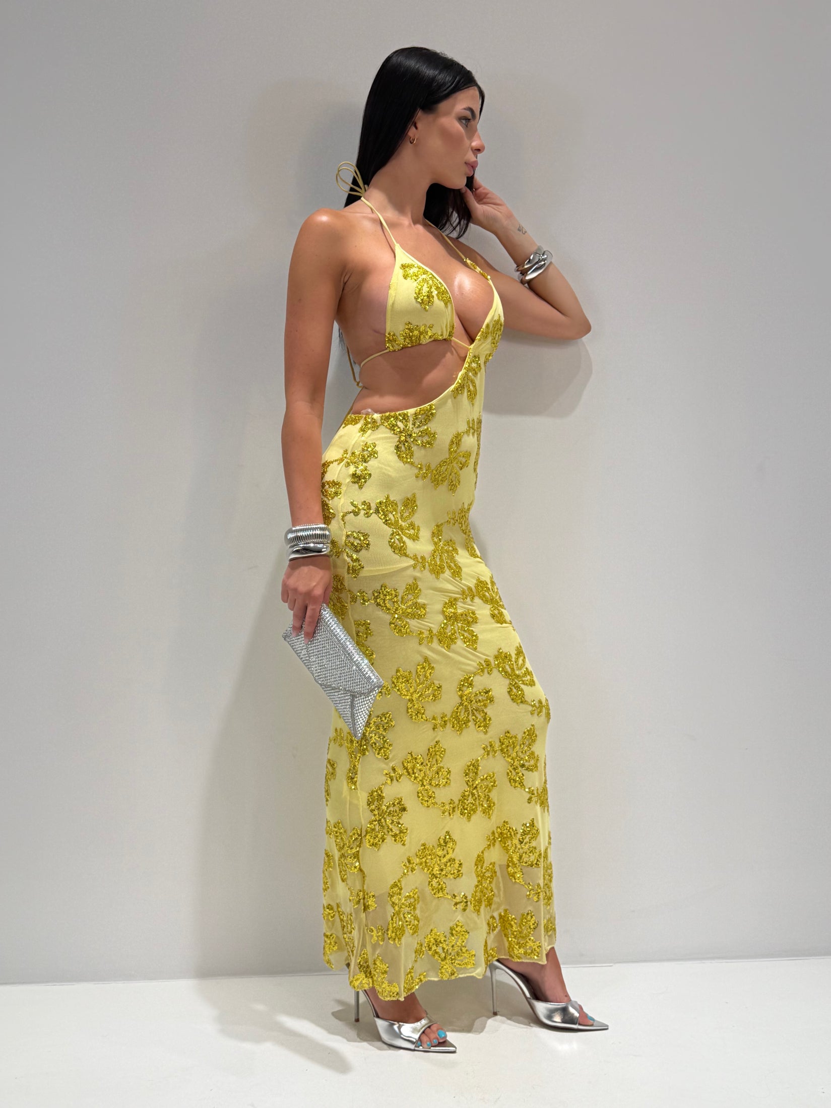 ABITO LUNGO FORTE PAILLETTES giallo|Colore:Giallo
