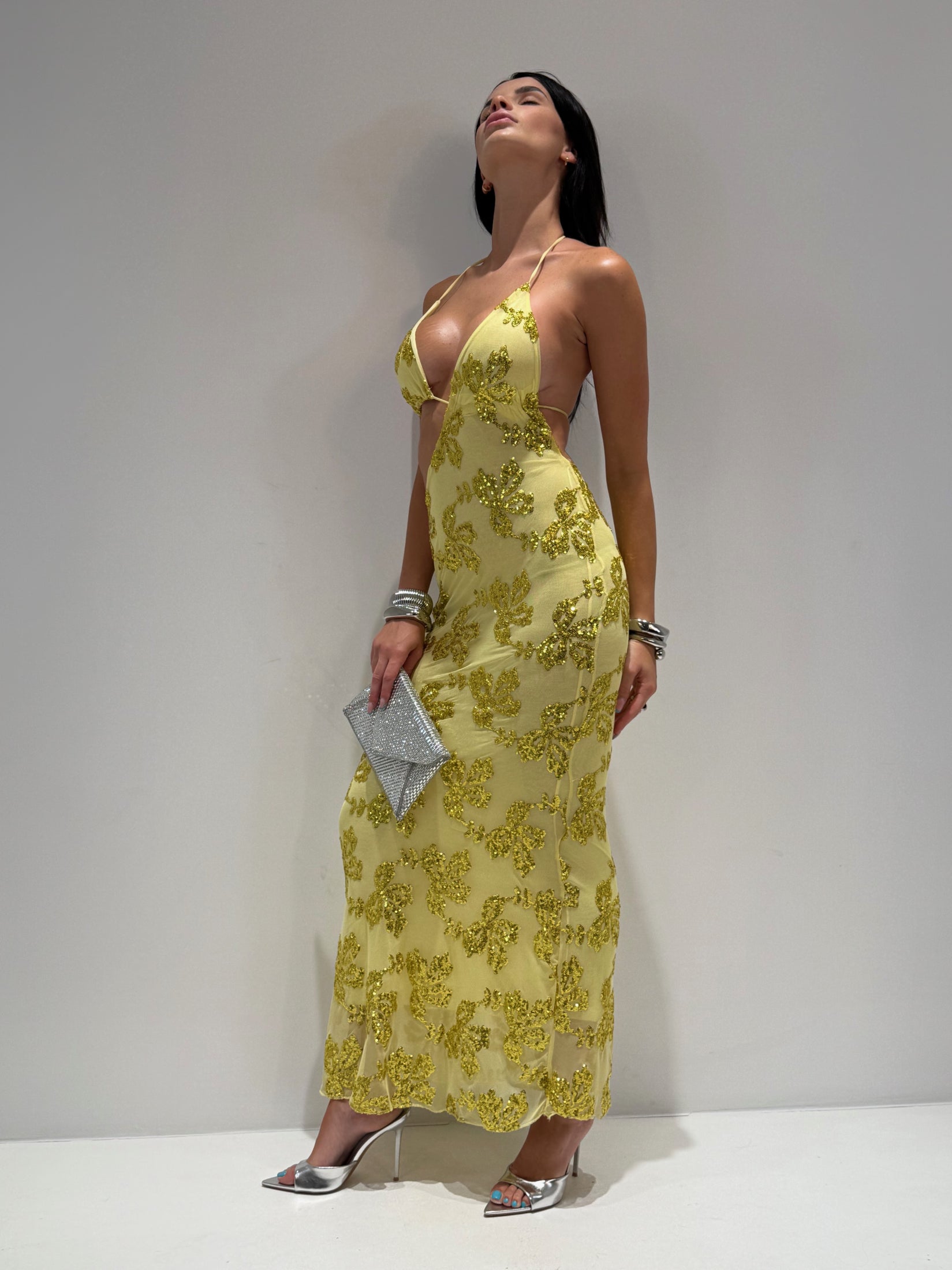 ABITO LUNGO FORTE PAILLETTES giallo|Colore:Giallo