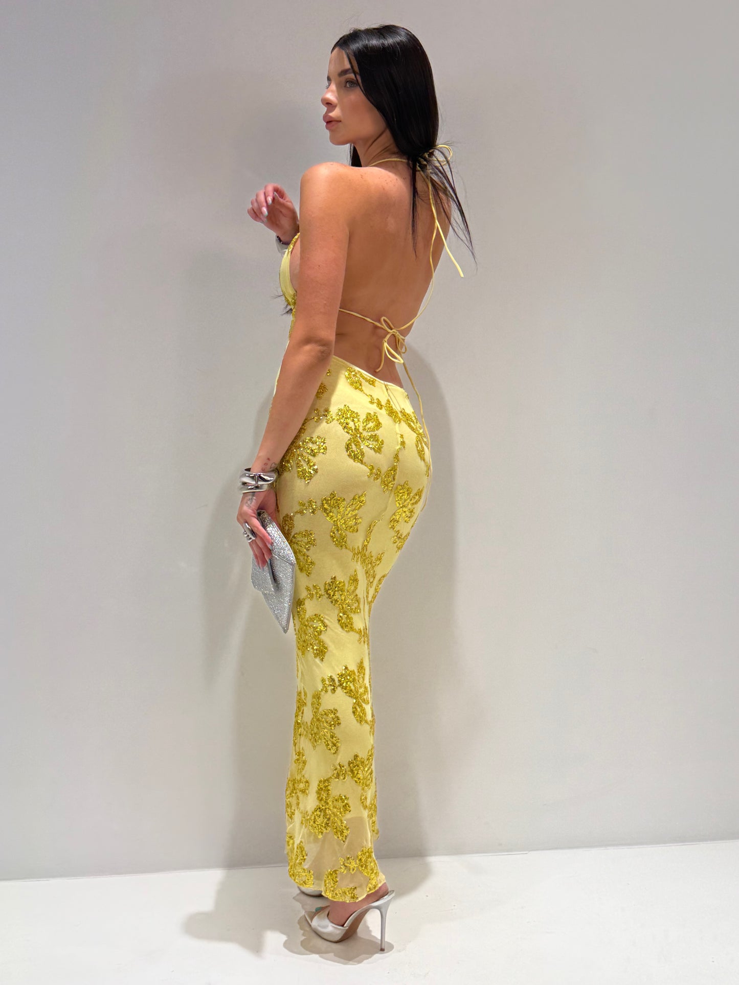 ABITO LUNGO FORTE PAILLETTES giallo|Colore:Giallo