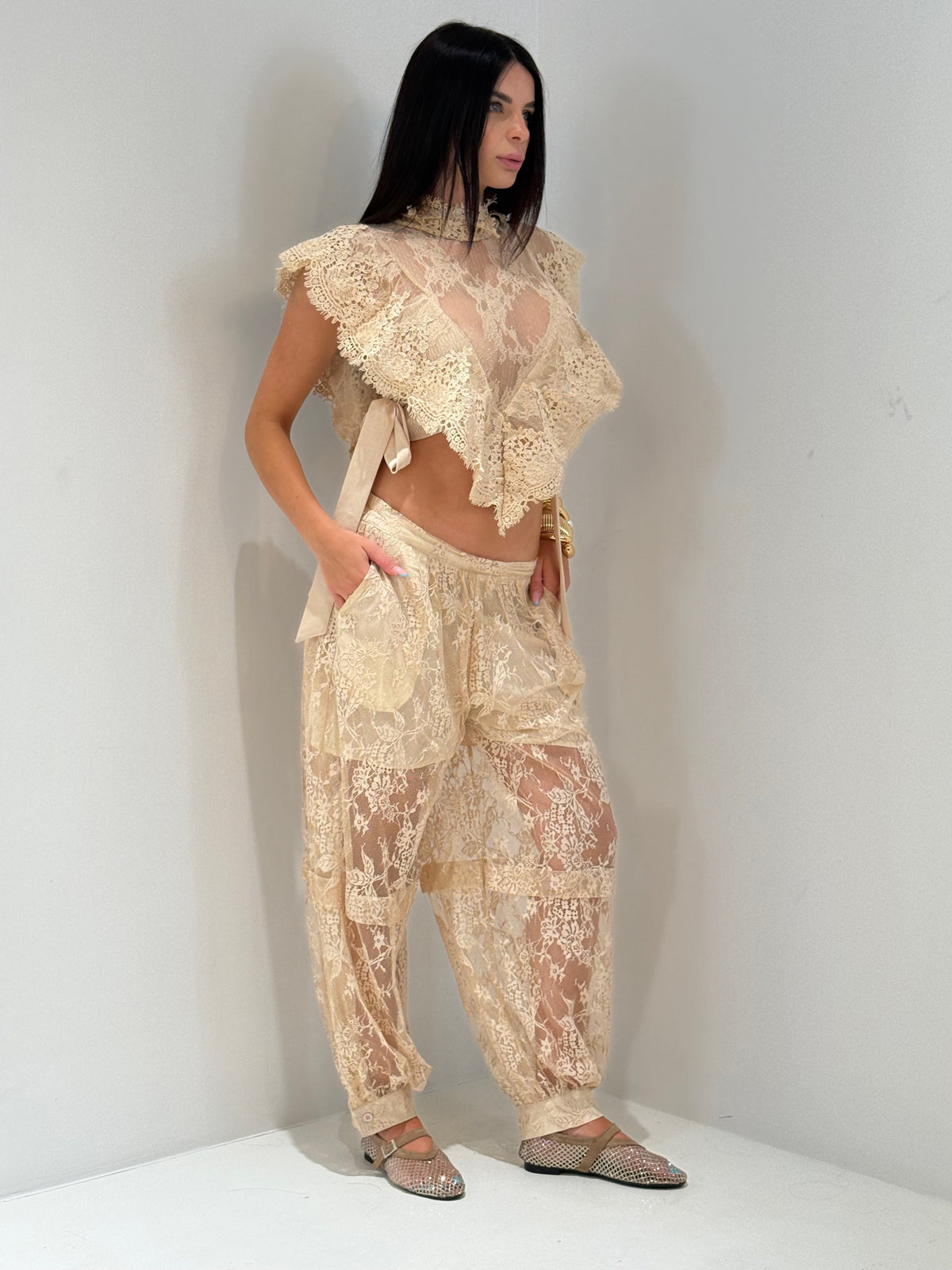 COORDINATO NAIROBI IN PIZZO beige|Colore:Beige
